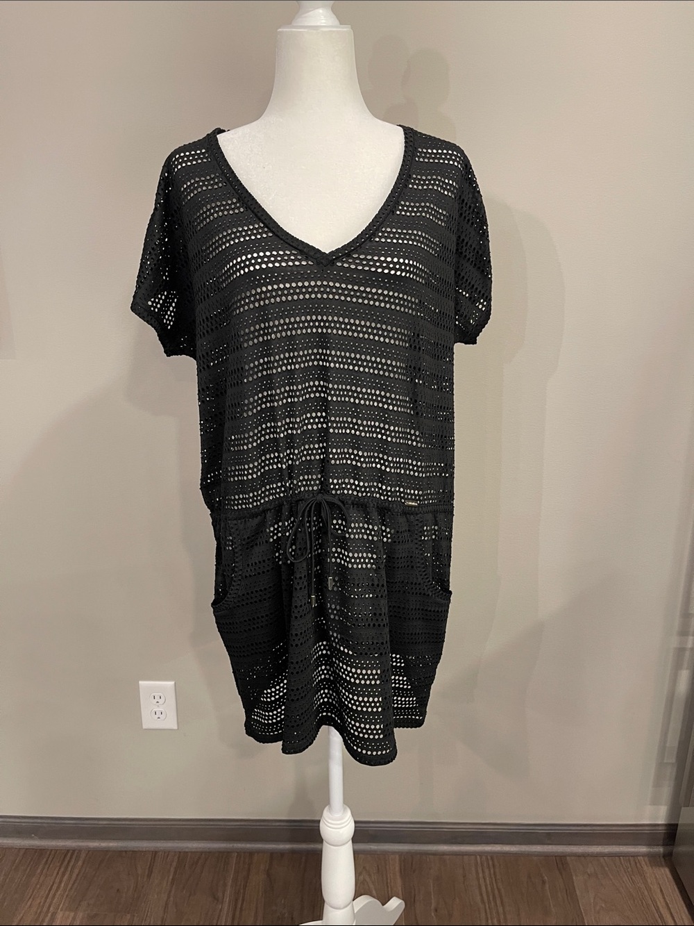 Calvin Klein Black Crochet V-Neck Swim Cover-Up